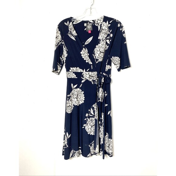 Vince Camuto Dress Size 6 Womens A-line Wrap Blue Floral Short Sleeve Stretch - Picture 1 of 13